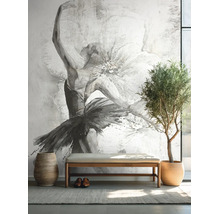 Fotobehang met ballerina-motief in een lichte kamer met houten bank en een plant in pot.