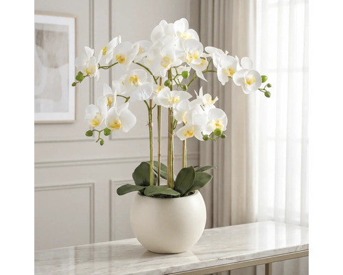 Kunstorchidee met witte bloemen in een ronde crèmekleurige pot op een marmeren tafel in een lichte kamer.