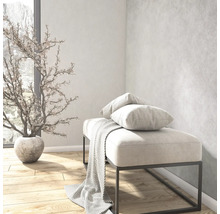 Lichte kamer met gestructureerde wandafwerking, bank met metalen frame, kussens en deken, naast een decoratieve boom op een houten vloer.
