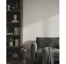 Moderne woonkamer met een donkergrijze bank, een deken met patroon en een donkerhouten boekenkast tegen een licht getextureerde wand.