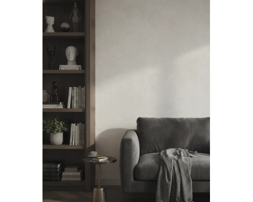 Moderne woonkamer met een donkergrijze bank, een deken met patroon en een donkerhouten boekenkast tegen een licht getextureerde wand.