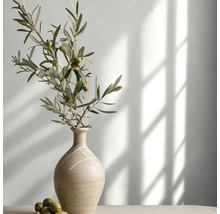 Olijftak met olijven in een decoratieve keramische vaas in een lichte kamer met lichtinval en schaduwen.
