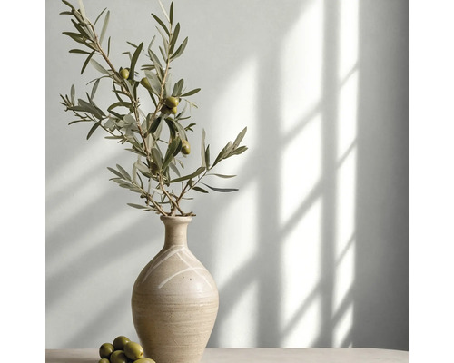 Olijftak met olijven in een decoratieve keramische vaas in een lichte kamer met lichtinval en schaduwen.