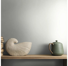 Houten plank met een schelpvormige keramische decoratie, een groene theepot en een stapel boeken in een lichte, minimalistische stijl.