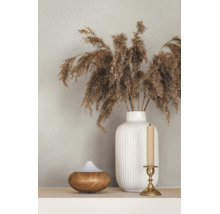 Geribbelde vaas met gedroogd siergras, een aroma diffuser van hout en een kandelaar met kaars.
