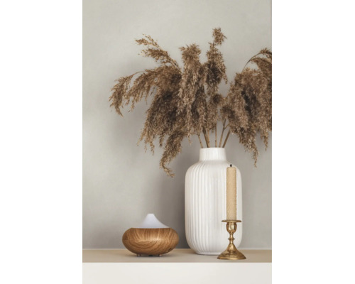 Geribbelde vaas met gedroogd siergras, een aroma diffuser van hout en een kandelaar met kaars.