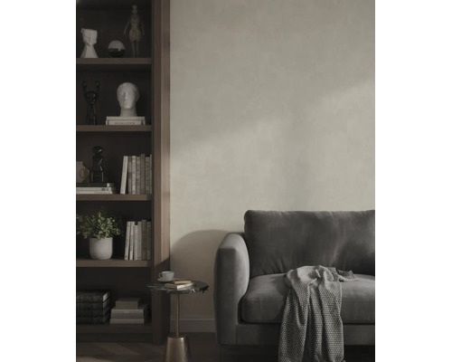 Woonkamer met grijze bank, gestructureerde wandafwerking, houten boekenkast en bijzettafel.