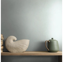 Moderne kamer met matgroen geschilderde muur, houten wandplank, decoratieve schelpvormige sculptuur en een groene keramische theepot.