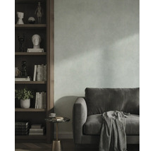 Woonkamer met gestructureerde wand, fluwelen bank en een houten boekenkast met decoratieve voorwerpen.