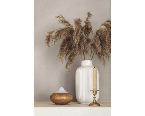 Witte geribbelde keramische vaas met gedroogd pampasgras, een aroma diffuser met houtlook en een gouden kandelaar op een plank.