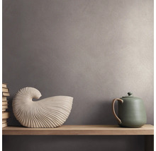 Gestructureerde muur met metallic effect achter een houten plank met een decoratieve schelp, een theepot en een stapel boeken.