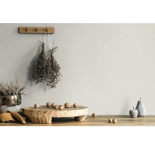 Licht gestructureerde wand met rustieke decoratie, houten plank, walnoten, gedroogde kruiden en stenen vruchten op een houten tafel.