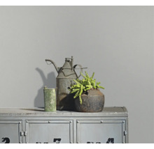 Matte grijze muurverf in een modern interieur met een industriële metalen kast en decoratie.