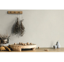 Matte muurverf in beige natuurtint in een lichte, rustieke kamer met houten decoratie en gedroogde planten.