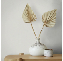 Twee gedroogde waaiervormige palmbladeren in een gespikkelde keramische vaas op een lichte houten tafel, minimalistische en lichte decoratie.