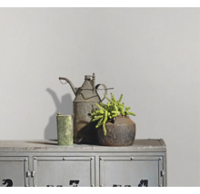 Decoratieve opstelling op een metalen kast met een vintage oliekan, een groene bus en een vetplant in een rustieke pot.