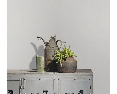 Decoratieve opstelling op een metalen kast met een vintage oliekan, een groene bus en een vetplant in een rustieke pot.