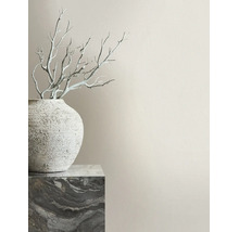 Gestructureerde wand in lichtbeige met een decoratieve stenen vaas en takken op een marmeren sokkel.