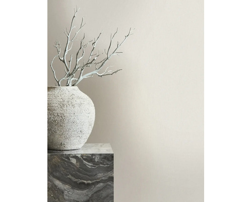 Gestructureerde wand in lichtbeige met een decoratieve stenen vaas en takken op een marmeren sokkel.