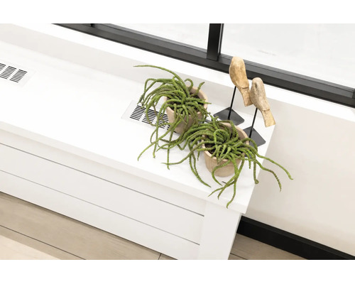 Kamerplanten in potten van klei en houten figuren op een plank met ventilatieroosters naast een raam.