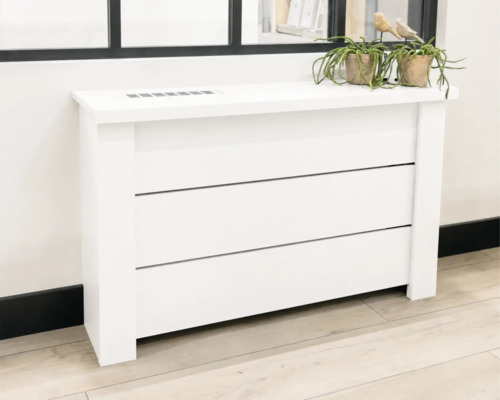 Witte radiatorombouw met drie horizontale panelen en een geïntegreerd ventilatierooster aan de bovenzijde.