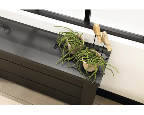 Moderne zwarte radiatorombouw met ventilatieroosters, gedecoreerd met twee hangplanten in terracotta potten en houten vogelbeeldjes.