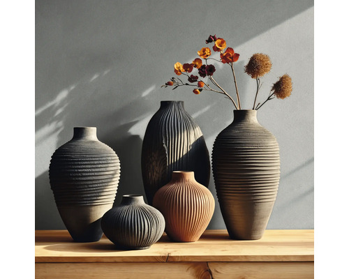Set van vijf verschillende keramische vazen met ribbelstructuur op een houten oppervlak, decoratieve vazen in aardetinten met droogbloemen.