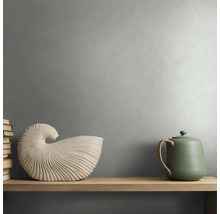 Wand met structuurverf achter een houten plank met een decoratieve schelp, boeken en een theepot.