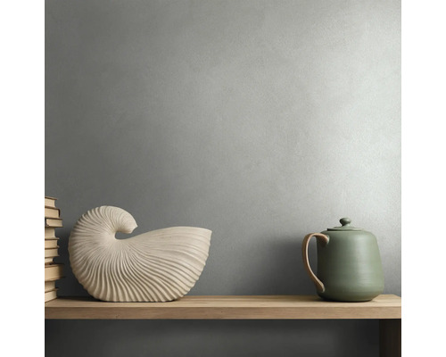 Wand met structuurverf achter een houten plank met een decoratieve schelp, boeken en een theepot.