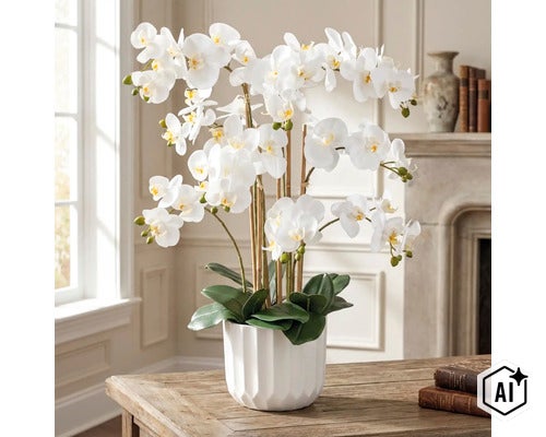 Kunstorchidee in een geribbelde bloempot op een houten tafel voor een open haard in een lichte, elegant ingerichte woonkamer. (Image AI modified or generated)