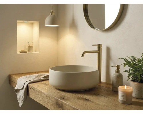 Lichte badkamer met een ronde opzetwastafel op een houten blad, een hoge goudkleurige kraan en een ronde wandspiegel.