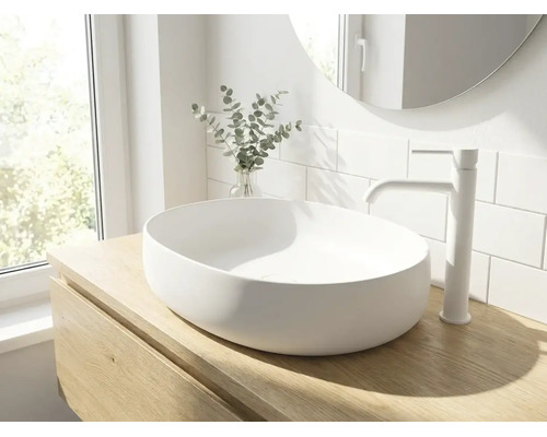 Ovalen opzetwastafel op een houten onderkast in een lichte badkamer met witte kraan en ronde spiegel.