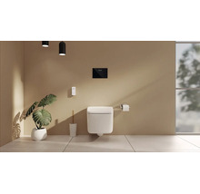 Moderne badkamer met wandcloset, bedieningspaneel, afstandsbediening, toiletborstel en Monstera-plant.