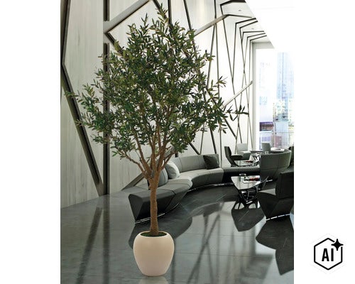 Kunstmatige olijfboom in een ronde pot, geplaatst in een modern, licht interieur met elegante loungemeubels en geometrische wanden. (Image AI modified or generated)