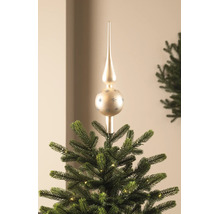 Glazen kerstboompiek in de kleur champagne met glittersterren op een kerstboom.