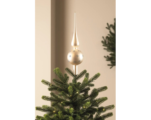Glazen kerstboompiek in de kleur champagne met glittersterren op een kerstboom.