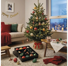 Gedecoreerde kerstboom met verlichting in een woonkamer met bank en een doos vol kerstversiering op het tapijt.