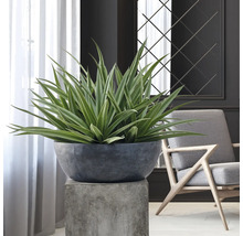 Kunstplant met lange, puntige bladeren in een donkergrijze plantenschaal op een betonnen sokkel in een modern ingerichte kamer.
