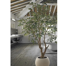 Grote kunstboom in een pot in een moderne badkamer met houten vloer, vrijstaand bad en zichtbare plafondbalken.