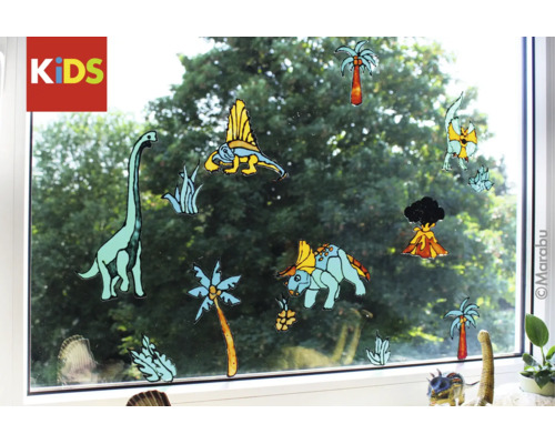 Marabu Kids Logo, raamstickers met verschillende dinosaurusmotieven, palmbomen en een vulkaan op een vensterglas.
