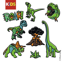 Dinosaurusstickerset voor kinderen met diverse dinosauriërs, een vulkaan en de tekst ROAR. Marabu Logo.
