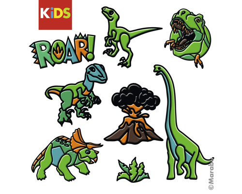Dinosaurusstickerset voor kinderen met diverse dinosauriërs, een vulkaan en de tekst ROAR. Marabu Logo.