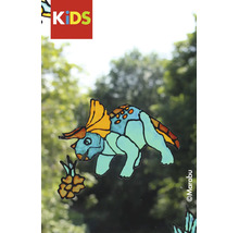 KIDS Logo. Marabu Logo. Raamsticker van een kleurrijke triceratops dinosaurus op een glazen ruit.