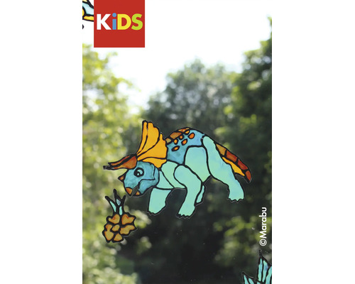KIDS Logo. Marabu Logo. Raamsticker van een kleurrijke triceratops dinosaurus op een glazen ruit.