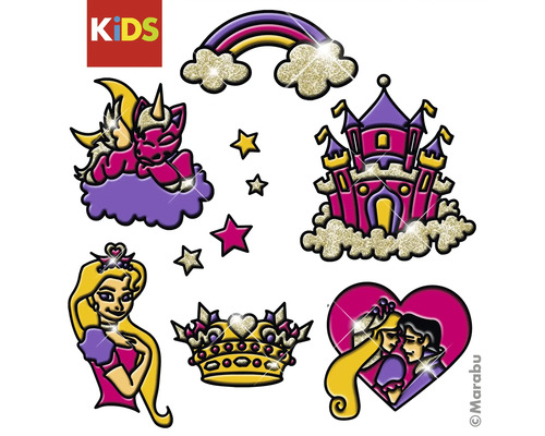 Raamstickers voor kinderen met prinses, eenhoorn, kasteel, regenboog, kroon en hart met glitters.