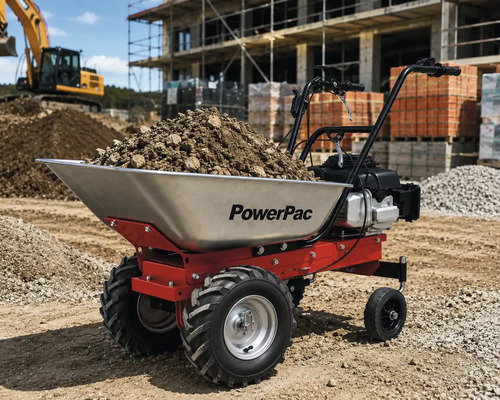 Gemotoriseerde kruiwagen PowerPac beladen met aarde op een bouwplaats met graafmachine op de achtergrond.