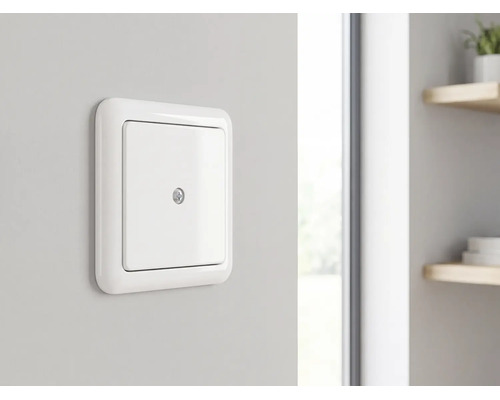 Witte blindplaat met centrale schroef gemonteerd op een muur.