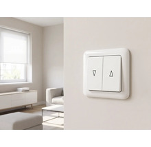 Witte dubbele rolluikschakelaar met pijlsymbolen omhoog en omlaag, gemonteerd op een muur in een lichte woonkamer.