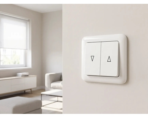 Witte dubbele rolluikschakelaar met pijlsymbolen omhoog en omlaag, gemonteerd op een muur in een lichte woonkamer.
