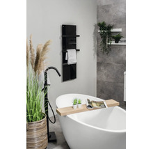 Moderne badkamer met vrijstaand bad, zwarte vrijstaande kraan en een verticale glazen badkamerradiator met handdoekrek.